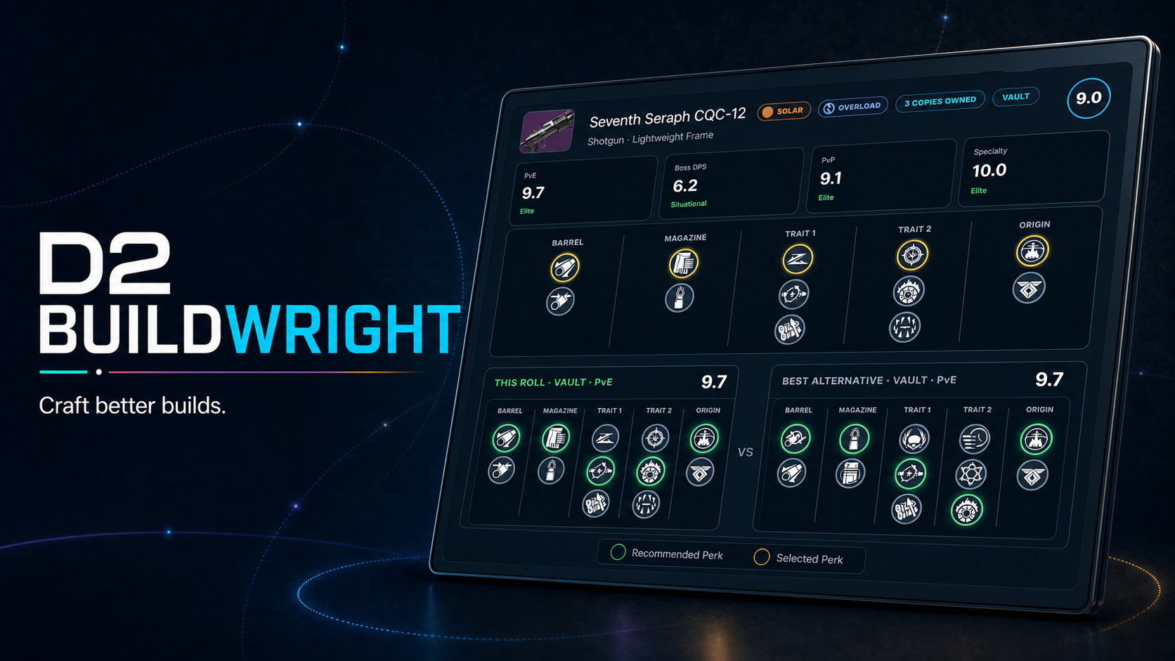D2 BuildWright — Craft better builds, shown with a real weapon roll comparison